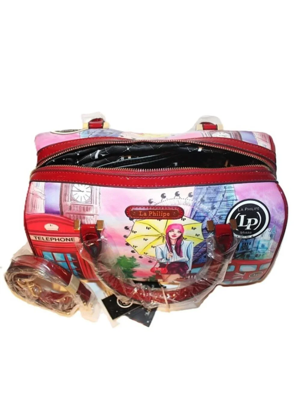 LP La Philipe Purse "Umbrella in London" Handbag Red Large Bag Black Tote LP1020 - Picture 10 of 16